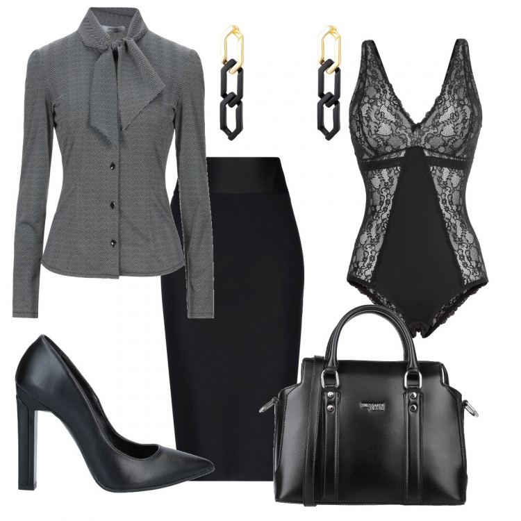 Outfit donna - In ufficio. Stile Sexy per Ufficio. Abbinamento con body, camicie, gonne longuette, décolleté, borse a tracolla, orecchini.