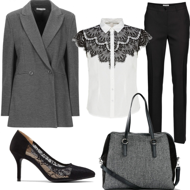 Outfit donna - Formale con pizzo. Stile Chic per Ufficio. Abbinamento con pantaloni, borse a mano, camicie, décolleté, blazer.