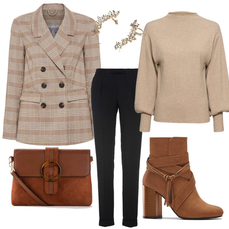 Outfit femme - En beige et marron.. Style Tendance pour Tous les jours. Assortir avec pulls, pantalon , robes, sacs en bandoulière, bottines, boucles d'oreilles.