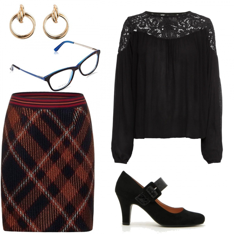 Outfit donna - Web call. Stile Bon Ton per Ufficio. Abbinamento con tuniche, orecchini, minigonne, décolleté, occhiali.