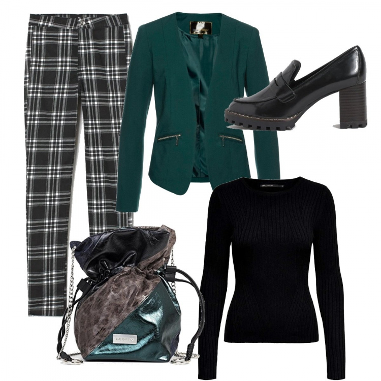 Outfit donna - Pantaloni scozzesi. Stile Trendy per Serata fuori. Abbinamento con blazer, maglioni, pantaloni, shopping bag, mocassini.