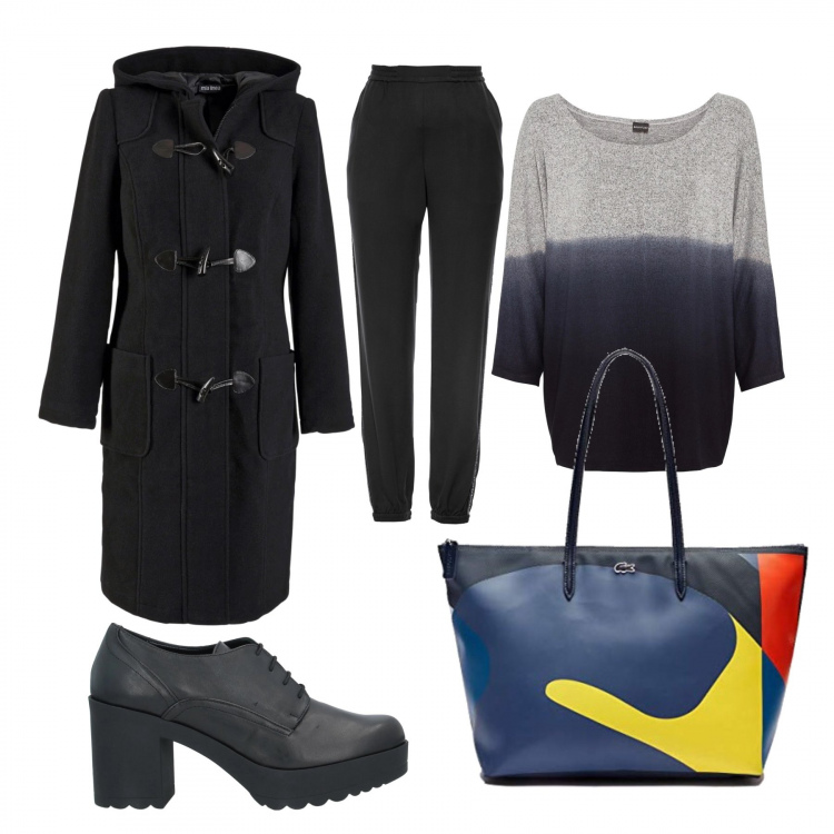 Outfit donna - 52 blu. per Tutti i giorni. Abbinamento con scarpe stringate, maglieria, montgomery, pantaloni, shopping bag.