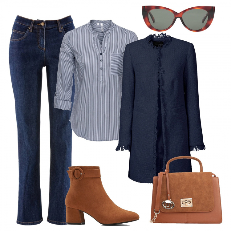 Outfit donna - Stile basic. Stile Basic per Tutti i giorni. Abbinamento con blazer, tuniche, jeans dritti, stivaletti, occhiali da sole, borse a mano.