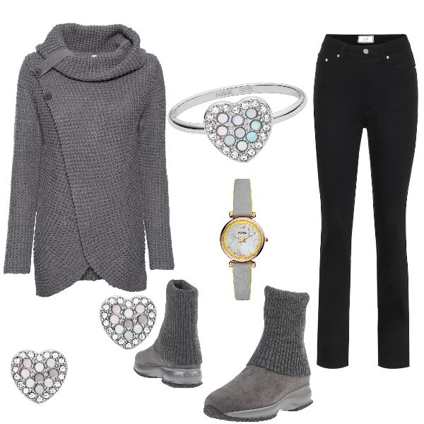 Outfit donna - Basico e romantico. Stile Basic per Tutti i giorni. Abbinamento con maglieria, stivaletti chelsea, orecchini, anelli, orologi, jeans skinny.