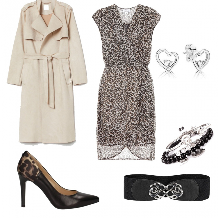 Outfit donna - Animalier ma non troppo. Stile Chic Abbinamento con cinture, braccialetti, décolleté, orecchini, vestiti corti, trench.