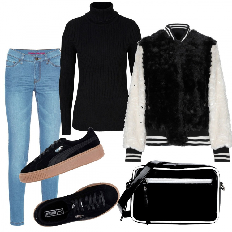 Outfit donna - Basic ma trendy. Stile Basic per Scuola/Università. Abbinamento con jeans skinny, maglioni, ecopellicce, sneakers, borse a tracolla.