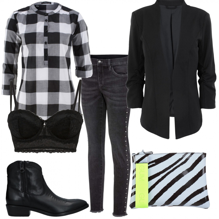 Outfit donna - 30 anni. Stile Urban per Tutti i giorni. Abbinamento con reggiseni a balconcino, bluse, jeans skinny, blazer, borse a mano, stivaletti.
