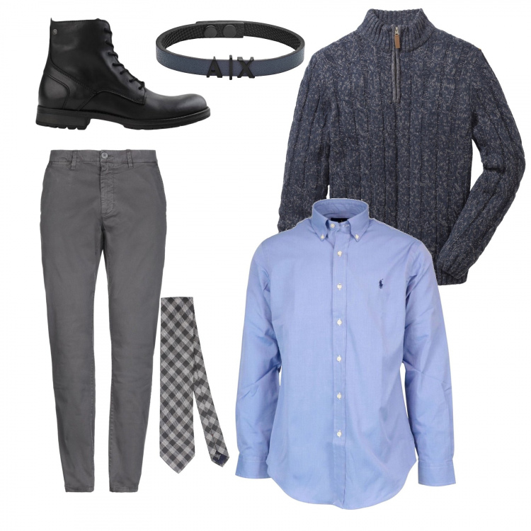 Outfit uomo - Novembre con il cardigan. Stile Casual per Tutti i giorni. Abbinamento con maglieria, braccialetti, pantaloni, cravatte, stivali e stivaletti, camicie.