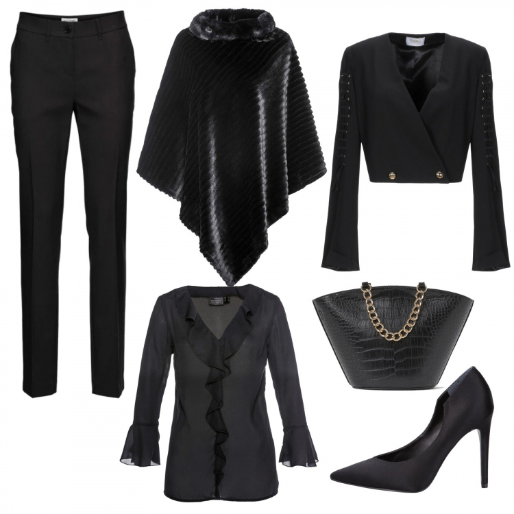 Outfit donna - Black chic. Stile Chic per Serata fuori. Abbinamento con pantaloni, bluse, cappotti, blazer, décolleté, shopping bag.