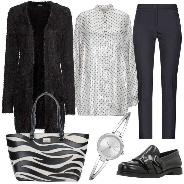 Outfit donna - Pois. Stile Bon Ton per Tutti i giorni. look ideale per Tall. Abbinamento con cardigans, pantaloni, orologi, camicie, borse a mano, mocassini.
