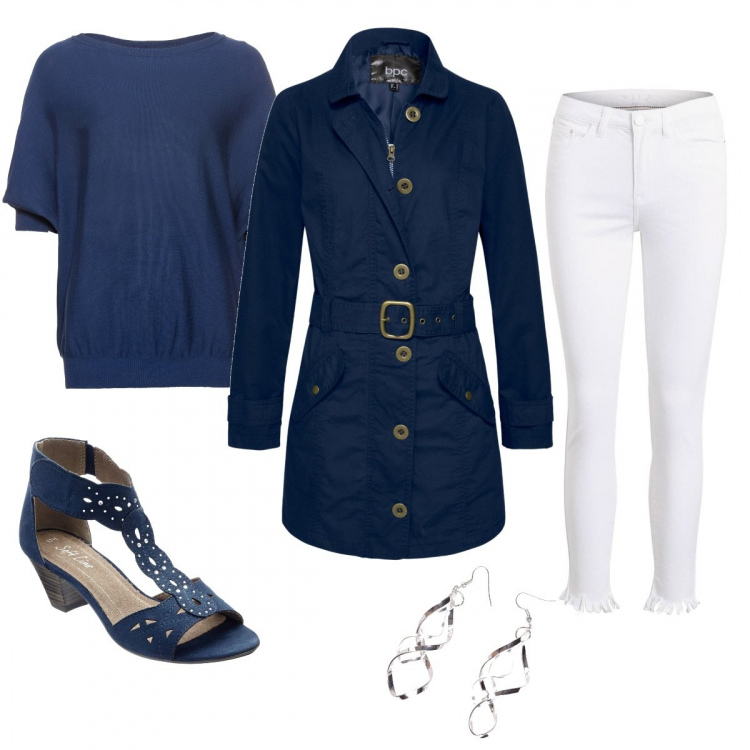 Outfit donna - Basic #41883. Stile Basic per Tutti i giorni. Abbinamento con maglieria, trench, sandali col tacco, pantaloni, orecchini.