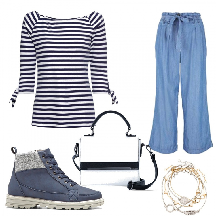 Outfit donna - Basic #41884. Stile Basic per Tutti i giorni. Abbinamento con braccialetti con ciondoli, stivaletti, jeans, borse a mano, pantaloni culotte.