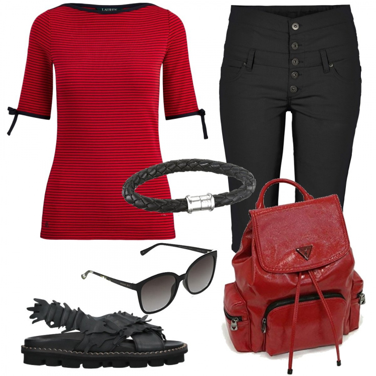 Outfit donna - Pomeriggio a spasso. Stile Basic per Tutti i giorni. look ideale per Tall. Abbinamento con bermuda, t-shirt, sandali in pelle, occhiali da sole, braccialetti, zaini.