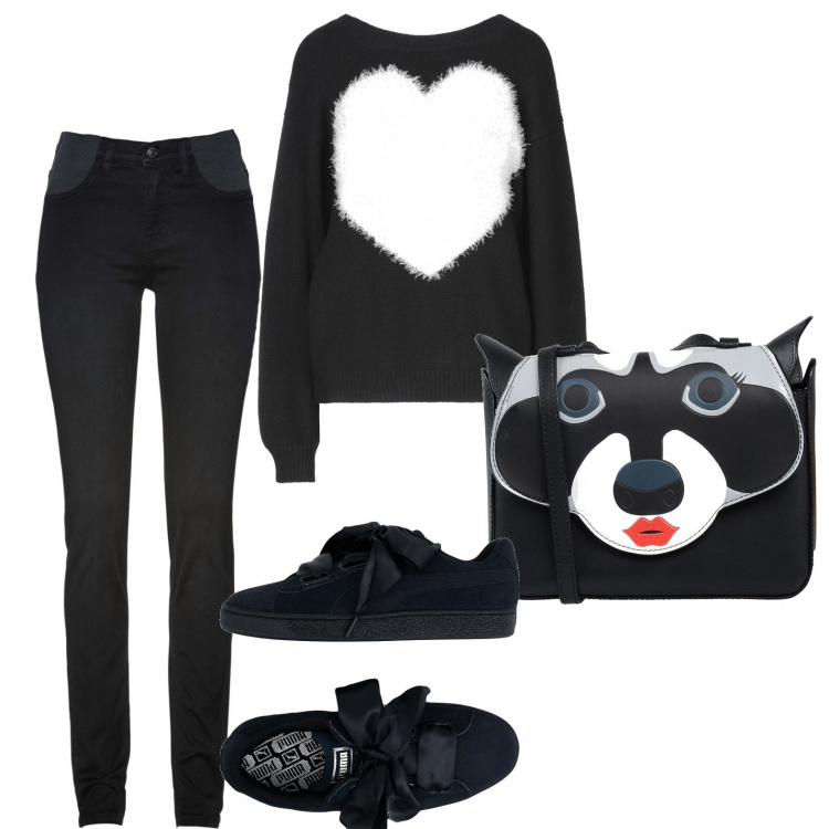Outfit donna - Blasic. Stile Basic per Scuola/Università. Abbinamento con jeans skinny, sneakers, borse a tracolla, pullovers.