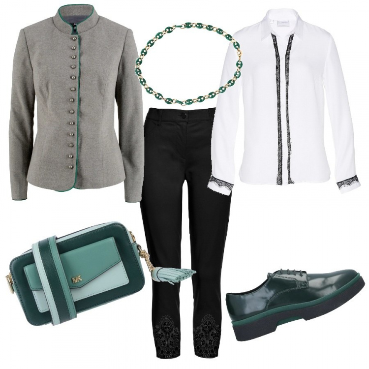 Outfit donna - Camicia classica e blazer trendy. Stile Trendy per Ufficio. Abbinamento con scarpe stringate, collane, borse a mano, blazer, camicie, pantaloni.