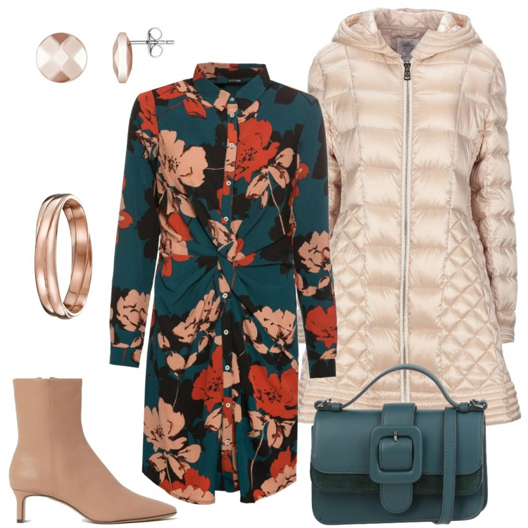 Outfit donna - Urban #29638. Stile Urban per Tutti i giorni. Abbinamento con piumini, borse a mano, vestiti, stivaletti, braccialetti, orecchini.