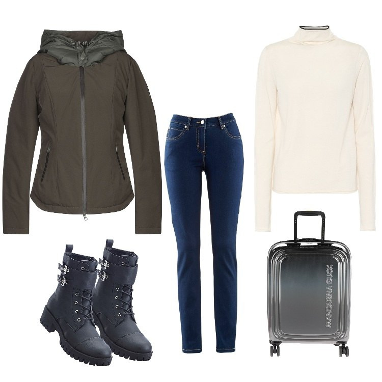 Outfit donna - Mi metto in viaggio.. ma comoda. Stile Basic per Tutti i giorni. Abbinamento con jeans dritti, stivaletti, piumini, valigie, pullovers.