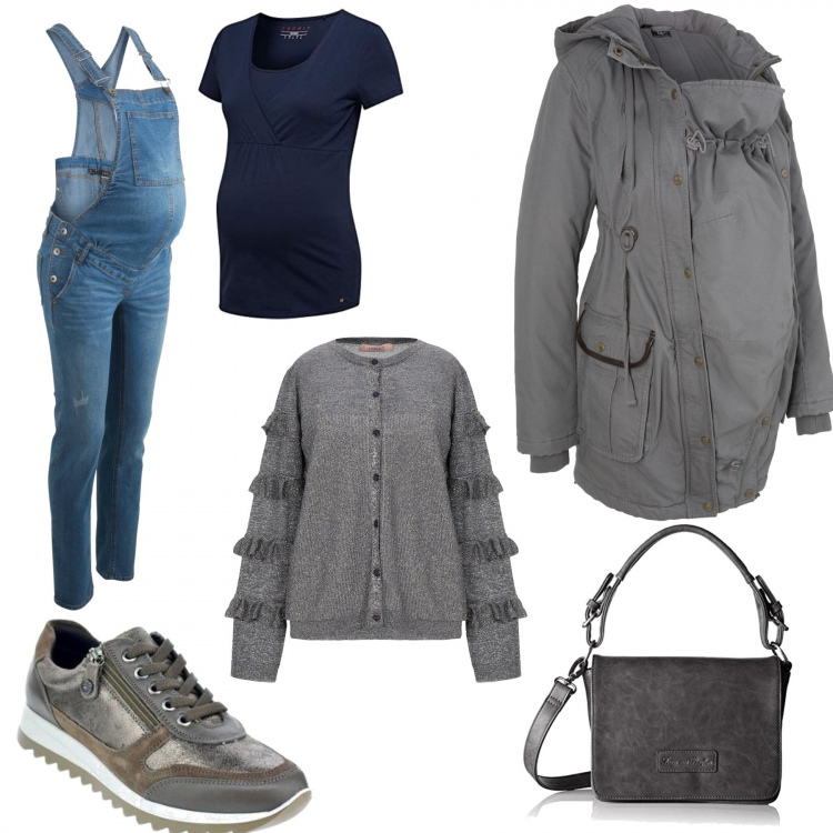 Outfit donna - Basic #41905. Stile Basic per Tutti i giorni. look ideale per Premaman. Abbinamento con salopette, parka, cardigans, scarpe sportive, borse a mano, t-shirt.