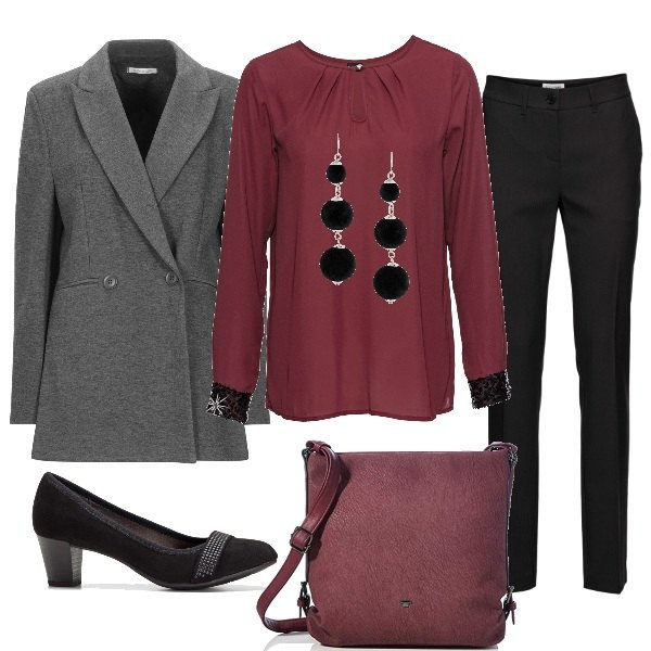 Outfit donna - Classica in ufficio. Stile Bon Ton per Ufficio. Abbinamento con décolleté, bluse, pantaloni, orecchini, blazer, borse a spalla.