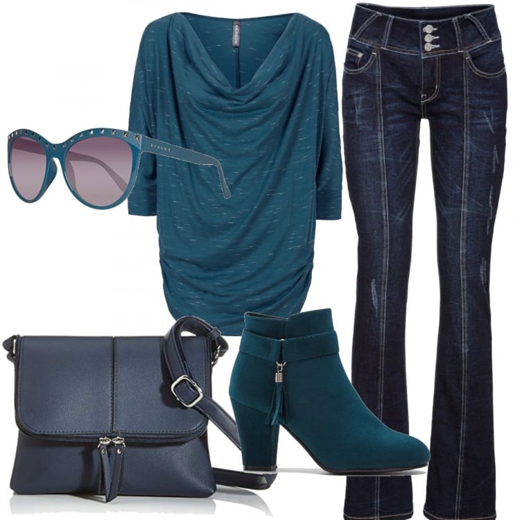 Outfit donna - Curvy basic. Stile Basic per Tutti i giorni. Abbinamento con jeans bootcut, maglieria, stivaletti, occhiali da sole, borse a tracolla.