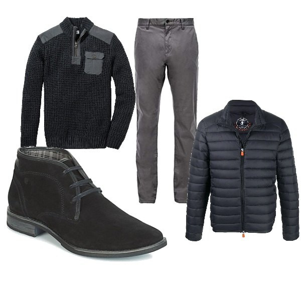 Outfit uomo - In grigio e nero. Stile Urban per Serata speciale. Abbinamento con maglieria, stivali e stivaletti, piumini, pantaloni.