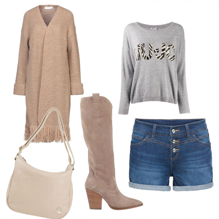 Outfit donna - Liu jo style. Stile Trendy per Tutti i giorni. Abbinamento con shorts, cardigans, stivali, borse a spalla, maglioni.