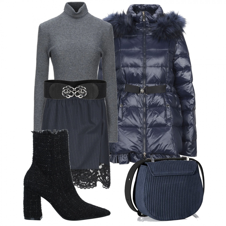 Outfit donna - Un pomeriggio insieme. Stile Trendy per Tutti i giorni. Abbinamento con cinture, piumini, gonne longuette, stivaletti, pullovers, borse a tracolla.