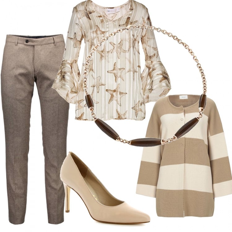 Outfit donna - Pronta per la call. Stile Bon Ton per Ufficio. Abbinamento con vestiti midi/longuette, cardigans, décolleté, pantaloni chino, collane.