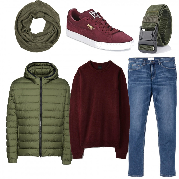 Outfit uomo - Urban. Stile Casual per Tutti i giorni. Abbinamento con jeans, piumini, maglieria, sneakers, sciarpe, cinture.