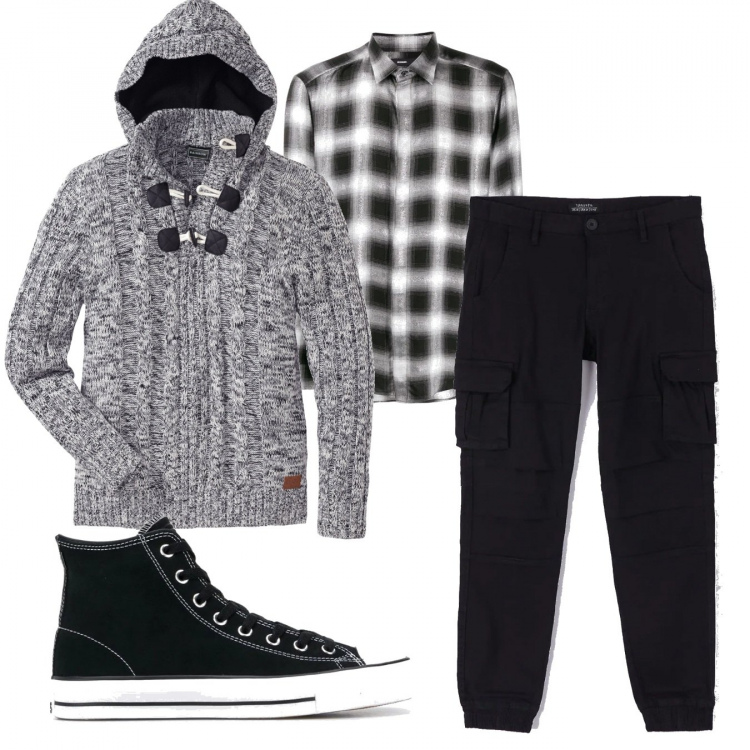 Outfit uomo - Urban #10512. Stile Urban per Tutti i giorni. Abbinamento con maglieria, pantaloni cargo, sneakers alte, camicie.