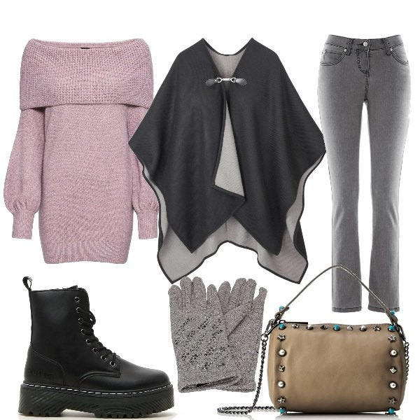 Outfit donna - Il poncho ampio e morbido. Stile Urban per Tutti i giorni. Abbinamento con jeans slim fit, maglioni, cappotti, guanti, borse a mano, anfibi.