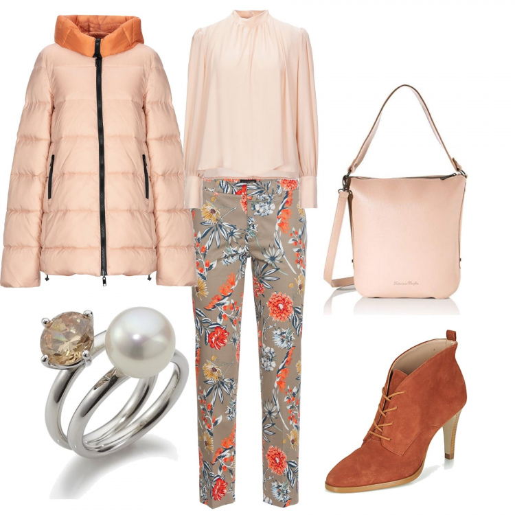 Outfit donna - Dettagli arancio. Stile Urban per Tutti i giorni. Abbinamento con pantaloni, piumini, bluse, stivaletti, anelli, borse a spalla.
