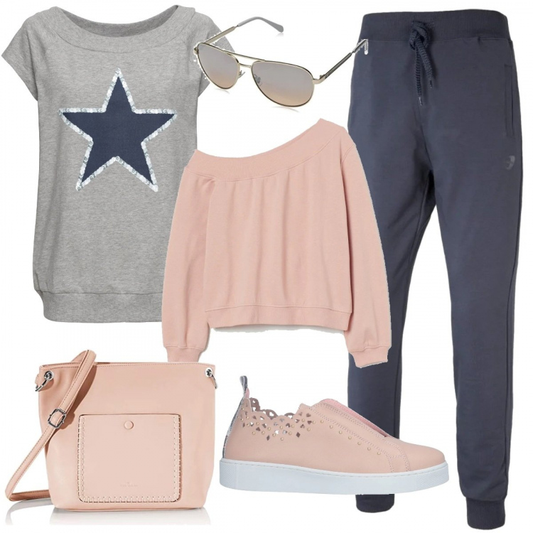 Outfit donna - Sport trendy low cost. Stile Trendy per Tutti i giorni. Abbinamento con t-shirt, sneakers, pantaloni, felpe, occhiali da sole, borse a tracolla.