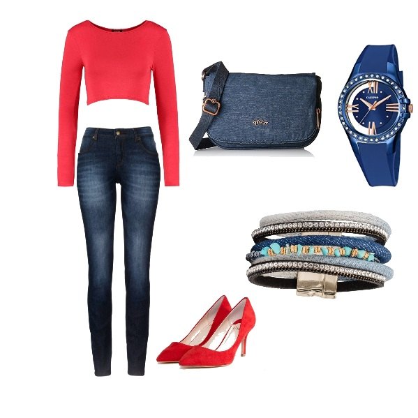 Outfit donna - Blue Fire. Stile Urban per Tutti i giorni. Abbinamento con jeans skinny, scarpe con tacco a punta rosso.