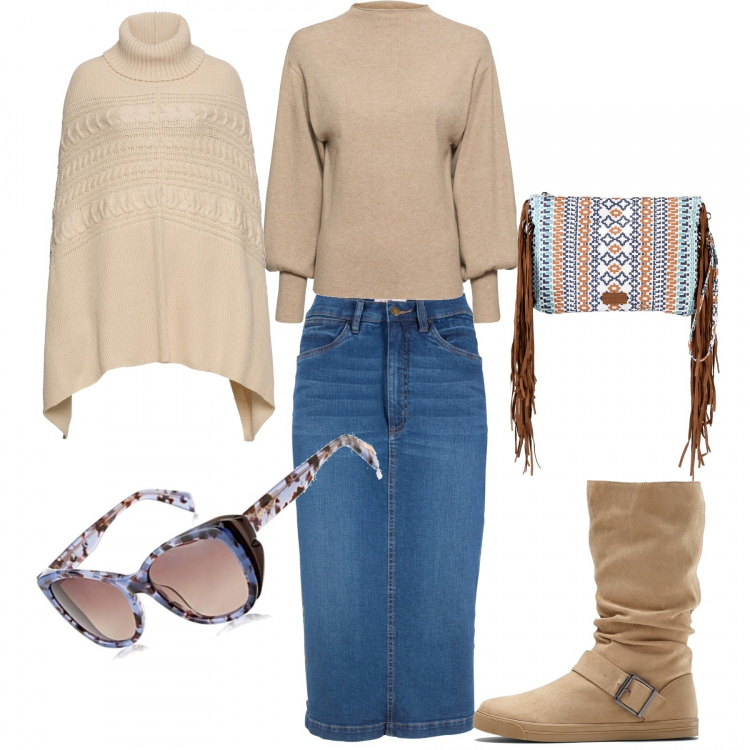 Outfit donna - Longuette Jeans alla Tour. Stile Urban per Tutti i giorni. Abbinamento con maglieria, gonne, stivali, cappotti, borse a mano, occhiali da sole.
