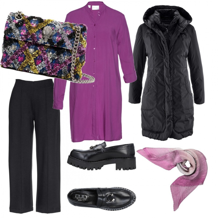Outfit donna - Armonia di colori. Stile Bon Ton per Tutti i giorni. Abbinamento con blazer, camicie, pantaloni culotte, mocassini, stole, borse a spalla.