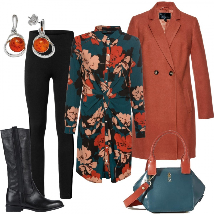 Outfit donna - Con lo chemisier a fiori. Stile Bon Ton per Ufficio. Abbinamento con stivali, vestiti, cappotti, leggings, borse a mano, orecchini.