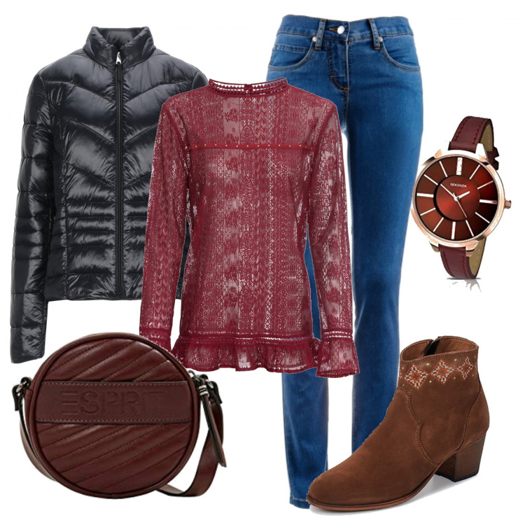 Outfit donna - Camicetta bordeaux e Jeans. Stile Basic per Tutti i giorni. Abbinamento con jeans dritti, tuniche, piumini, stivaletti, orologi, borse a tracolla.