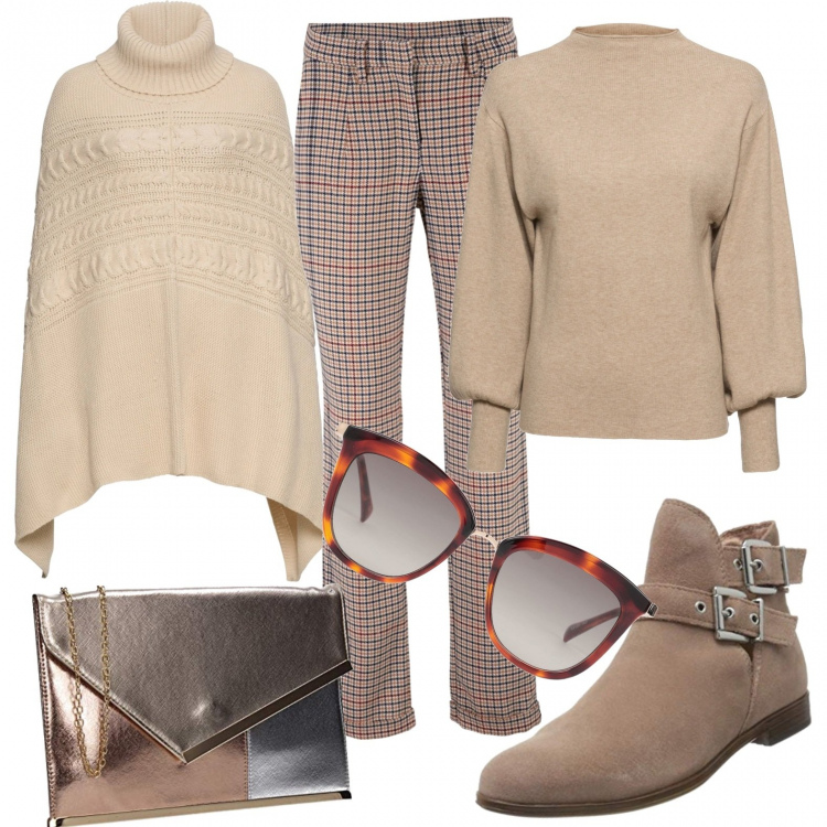 Outfit donna - Colori neutri e soft. Stile Urban per Tutti i giorni. Abbinamento con maglieria, pantaloni, cappotti, occhiali da sole, stivaletti, pochette.