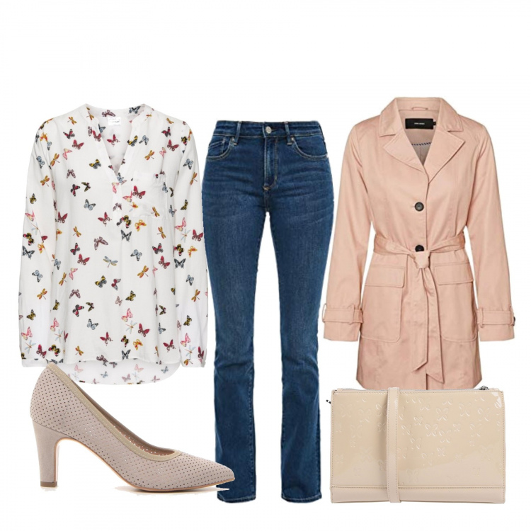 Outfit donna - Bon Ton #32103. Stile Bon Ton per Ufficio. Abbinamento con bluse, borse a tracolla, trench, jeans bootcut, décolleté.