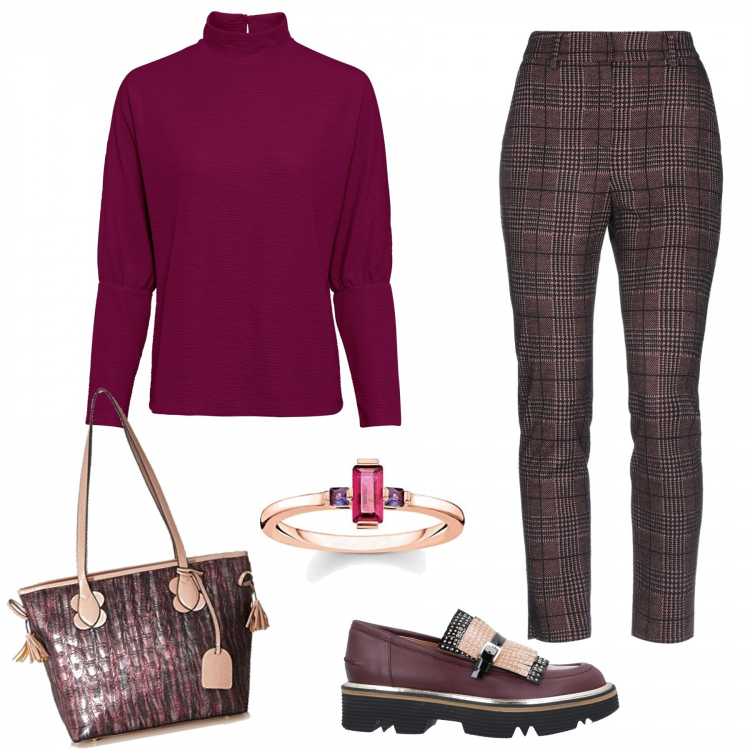 Outfit donna - Una giornata di lavoro. Stile Basic per Ufficio. Abbinamento con mocassini, pantaloni, shorts, borse tote, anelli.