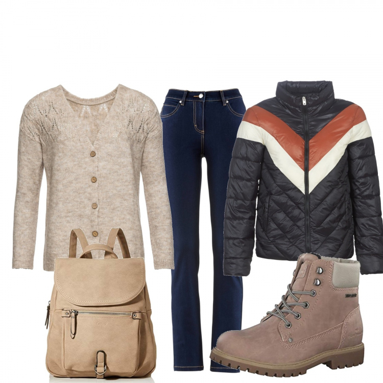 Outfit donna - Basic #42020. Stile Basic per Tutti i giorni. Abbinamento con jeans dritti, cardigans, piumini, stivaletti, zaini.