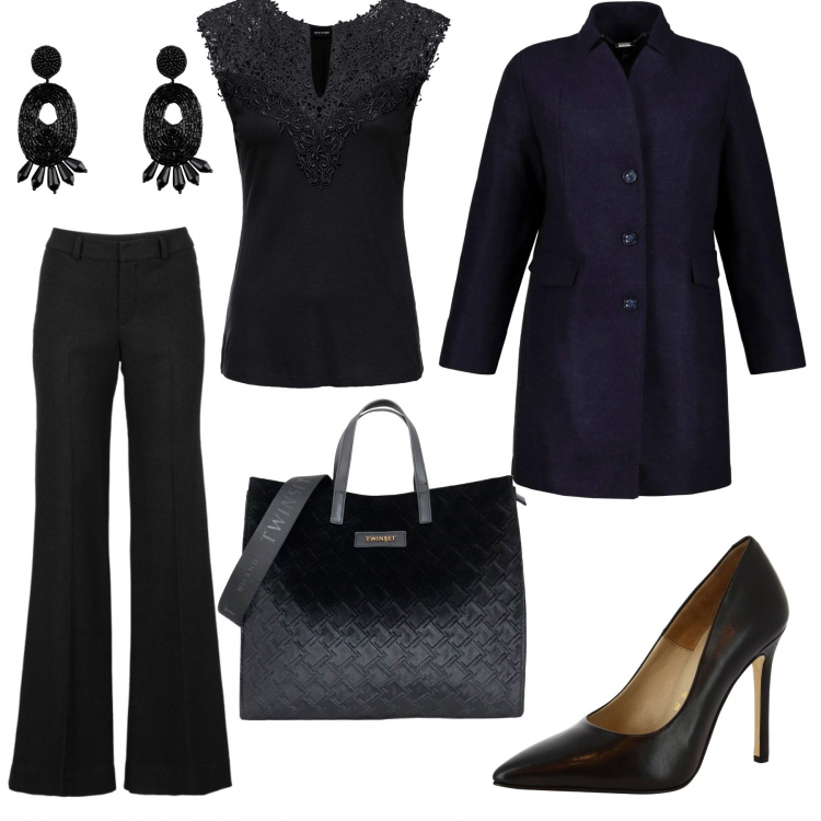 Outfit donna - Incontro di lavoro. Stile Trendy per Ufficio. Abbinamento con top, pantaloni, orecchini, décolleté, cappotti, borse a mano.
