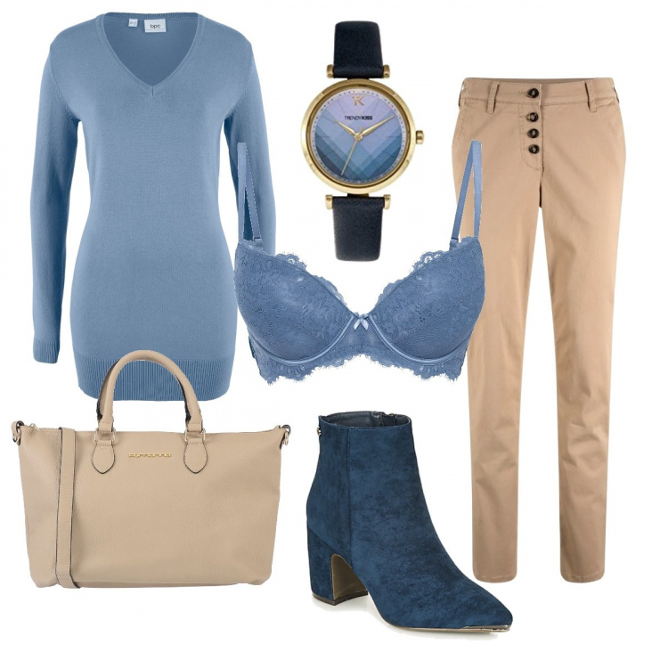 Outfit donna - Un tocco di azzurro. Stile Basic per Tutti i giorni. Abbinamento con shorts, maglioni, reggiseni, borse a mano, stivaletti, orologi.