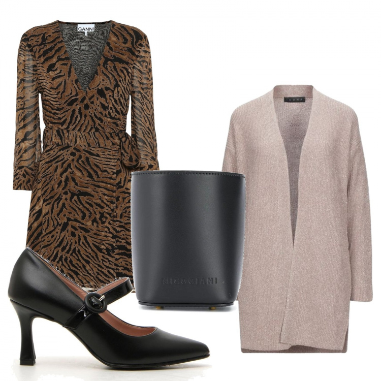 Outfit donna - Animalier chic. Stile Chic Abbinamento con cardigans, borse a secchiello, décolleté, vestiti corti.