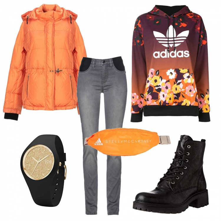 Outfit donna - Shine in Adidas. Stile Urban per Tutti i giorni. Abbinamento con jeans, piumini, zaini, felpe con cappuccio, anfibi, orologi.