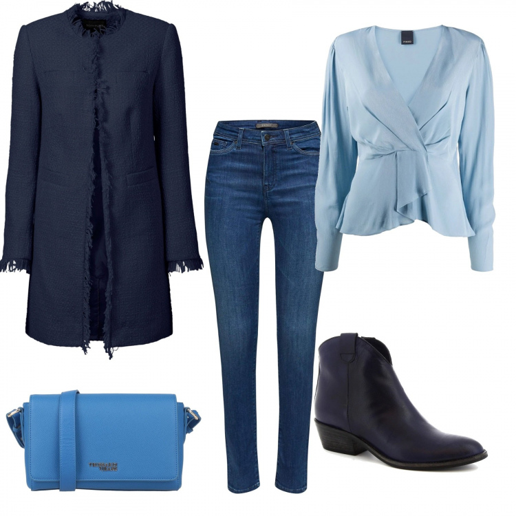 Outfit donna - Trendy #78369. Stile Trendy per Tutti i giorni. Abbinamento con blazer, borse a tracolla, stivaletti, bluse, jeans skinny.