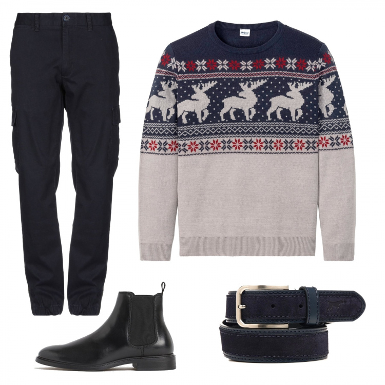 Outfit uomo - Caldo pullover. Stile Trendy per Tutti i giorni. Abbinamento con maglieria, pantaloni, cinture, stivali e stivaletti.