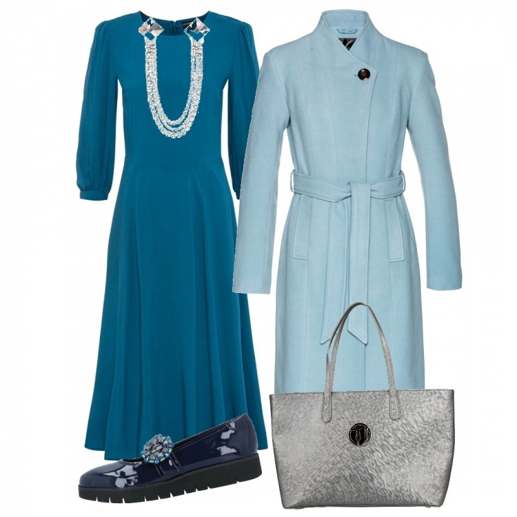 Outfit donna - L\'abito midi svasato - curvy. Stile Basic per Ufficio. Abbinamento con ballerine, borse a mano, vestiti asimmetrici, t-shirt, ciondoli.