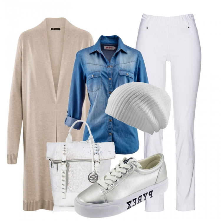 Outfit donna - In camicia e cardigan. Stile Basic per Scuola/Università. Abbinamento con camicie, pantaloni, berretti, sneakers, cardigans, zaini.